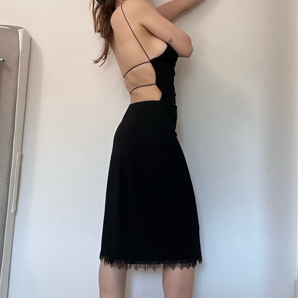 VNTG black backless midi dress